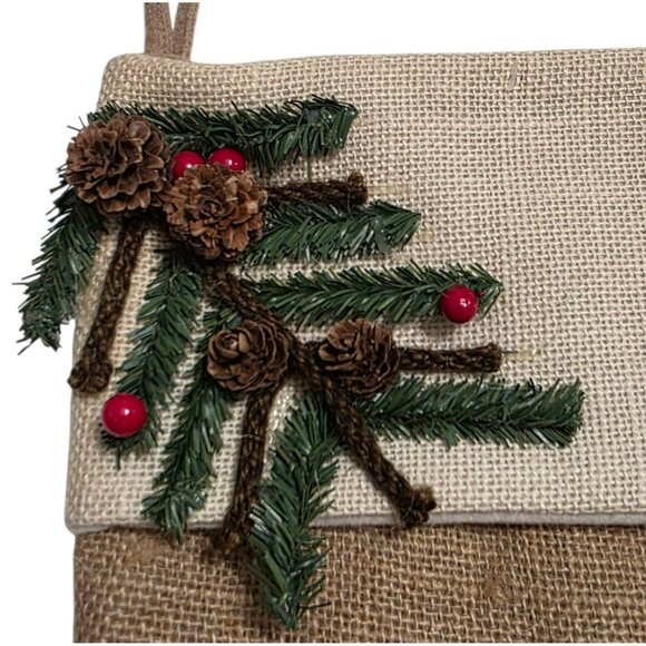 New Rustic Burlap Christmas Stocking Pine Tree Pinecone Berry Holiday Decor 18.5 - Picture 2 of 6
